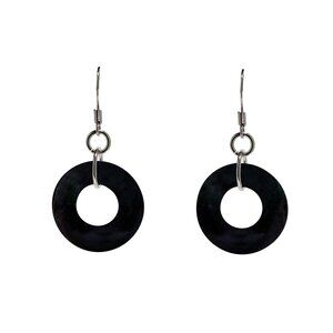 Recycled Antique Black Depression Glass Hoop Earrings